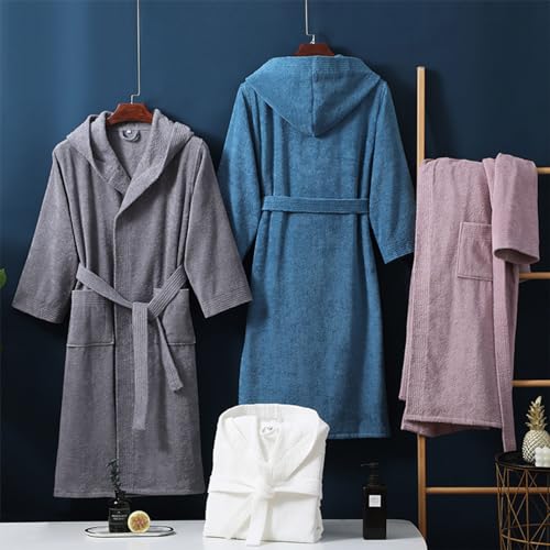 Unisex 100% cotton Terry Cloth Bathrobe with Hood，plush & Absorbent Mid Length Thicken Kimono Shower Spa Robe3