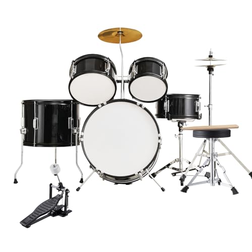 Happybuy 5-Piece Kids Drum Set, 16-inch Beginner Full Kit with Bass, Toms, Snare, Floor Drum, Adjustable Throne, Cymbal, Hi-Hat Pedal & Drumsticks, Starter Kit for Children, Black