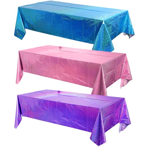 Image of FunnyPars 3 Pack Iridescent Pink Purple and Blue Kpop Plastic Tablecloths, Disposable Rectangle Table Covers, Holographic Metallic Foil Tablecloth Party Decorations for Kpop Birthday, 54x108 Inch