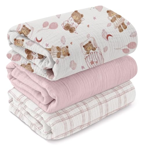 Image of GLLQUEN BABY Muslin Swaddle Blankets,3-Pack Receiving Blanket for Newborn Boys and Girls,Baby Swaddle Blanket Unisex,Little Bear,Baby Essentials, Registry & Gift, 40 x 38 inches