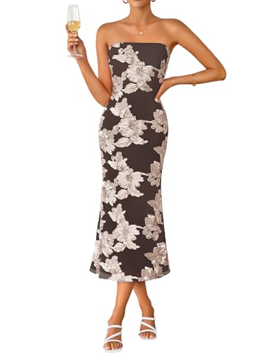 graceful wedding guest dress strapless floral bodycon mesh - light brown