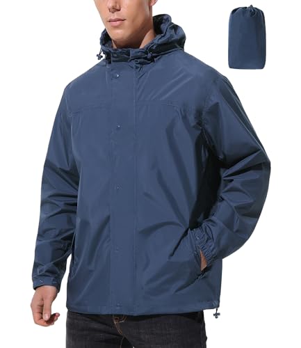 UIQUR Mens Packable Rain Jacket Waterproof with Hood Lightweight Windbreaker Shell Rain Coat for Golf Cycling Running(Navy Blue, X-Large)