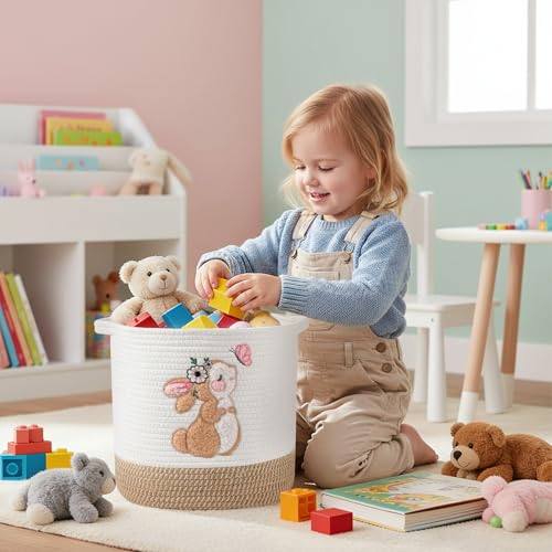 Image of Toy Storage Baskets Woven Cotton Rope Storage Basket for Kids, Blanket Baskets for Living Room Stuffed Animal Storage Toys Organizer with Embroidery Decor, Cute Baskets for Nursery (Bunny)