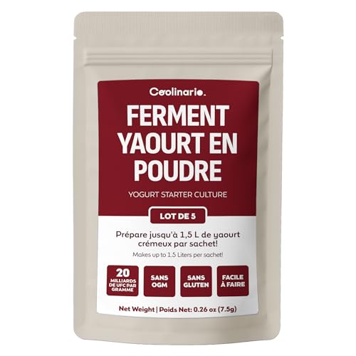 Coolinario Ferment Lactique Yaourt (5 Sachets de 1.5g) Cultures Vivantes pour Yaourt Maison | Crémeux, Épais & Savoureux | Sans OGM, Sans Conservateurs, Sans Gluten
