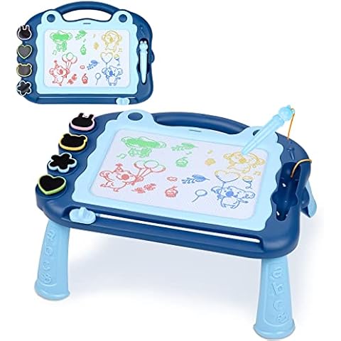 Sarsumir Magnetic Drawing Board, 30×23cm 4 Colors Doodle Scribble Board Erasable Sketch Writing Pad with 4 Stamps & Removable Legs Educational Toy for 2 3 4 5 6 Year Old Boys Girls Kids Toddlers, Blue Cover