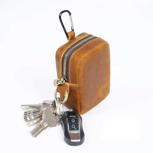 leather coin pouch for men - small crazy horse genuine leather zero wallet pouch with zipper for cash, cards, coins lipstick and other small things with key chain(dark green) (Brown)4