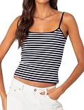 Women Stripe Print Cami Top Y2k Spaghetti Strap Backless Crop Tank Aesthetic Sleeveless Slim Fit Going Out Tops(Navy Blue,Small)
