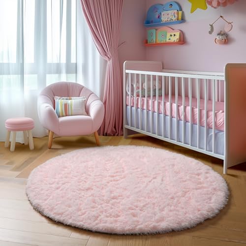 Amdrebio Light Pink Round Circle Rug 4Ft for Girls Bedroom, Fluffy Cute Area Rugs for Kids Room Decor Aesthetic, Kawaii Shag Fuzzy Fur Carpet for Nursery, Preppy Dorm, Classroom, Playroom, Teen, Baby