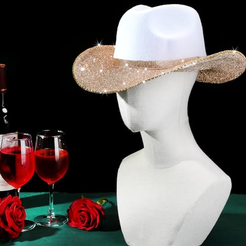 Image of Hercicy Rhinestone Cowboy Hat with Diamond Fringe CowHat for Cosplay Wedding circumference between 21.5 and 23.5 inches