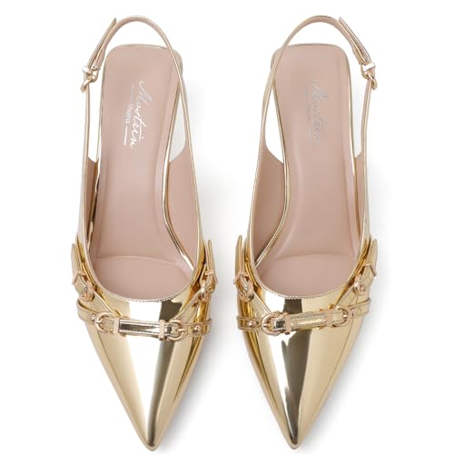 Image of Mostrin Kitten Heels for Women Pointed Toe Pumps Patent Leather Low Heel Slingback Heels with Buckle Dress Shoes for Dating Party Working