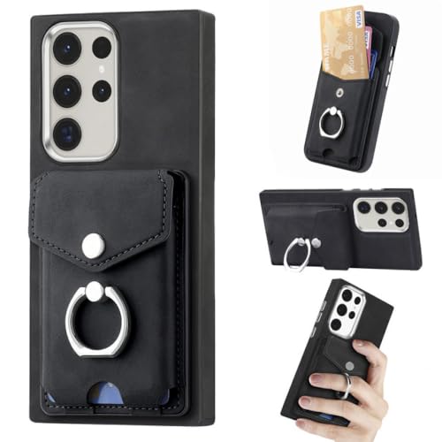 Étui portefeuille en cuir noir avec anneau support pour Galaxy S22