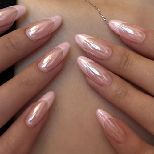 HOSAILY Pink Chrome French Press on Nails Medium Almond, 24Pcs