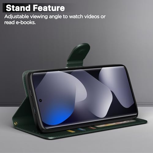 Image of Amazon Basics Flip Cover for Redmi Note 15 5G Leather Finish | Wallet Stand and Shock Proof | Inside TPU with Card Pockets | Complete Protection Flip Case (Green)