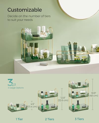 Image of SONGMICS Makeup Organizer, 3-Tier Countertop, Customizable, Pale Green | Customizable skincare organizer countertop, 2 types of accessories, jewelry holder, for vanity, bedroom, bathroom UJKA013C01