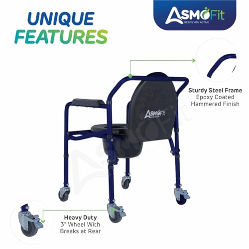 Image of Foldable Commode Chair Height Adjustable Use in Room or Over Toilet, Potty Chair with Armrests, Bedside Commode - Ideal for Adult, Pregnant Women, Elderly - Weight Capacity 100KG (With Wheels - Blue)