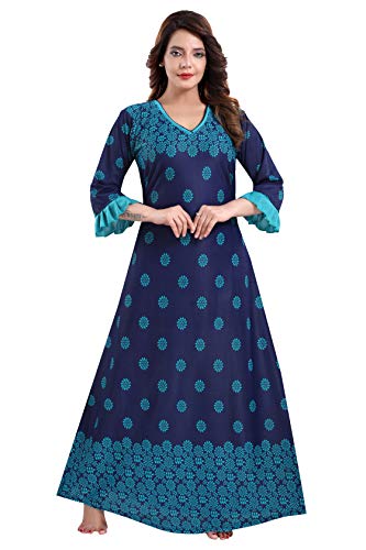 Image of Fabme Women's Crepe Printed Flare Nighty with Long Sleeves /Night Gown /Nightwear /Maxi