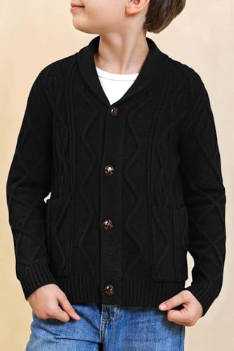 Boy's Sweater Cardigan Button Down Shawl Collar Cable Knitted Outwear Long Sleeve Sweater Coats with Pockets3