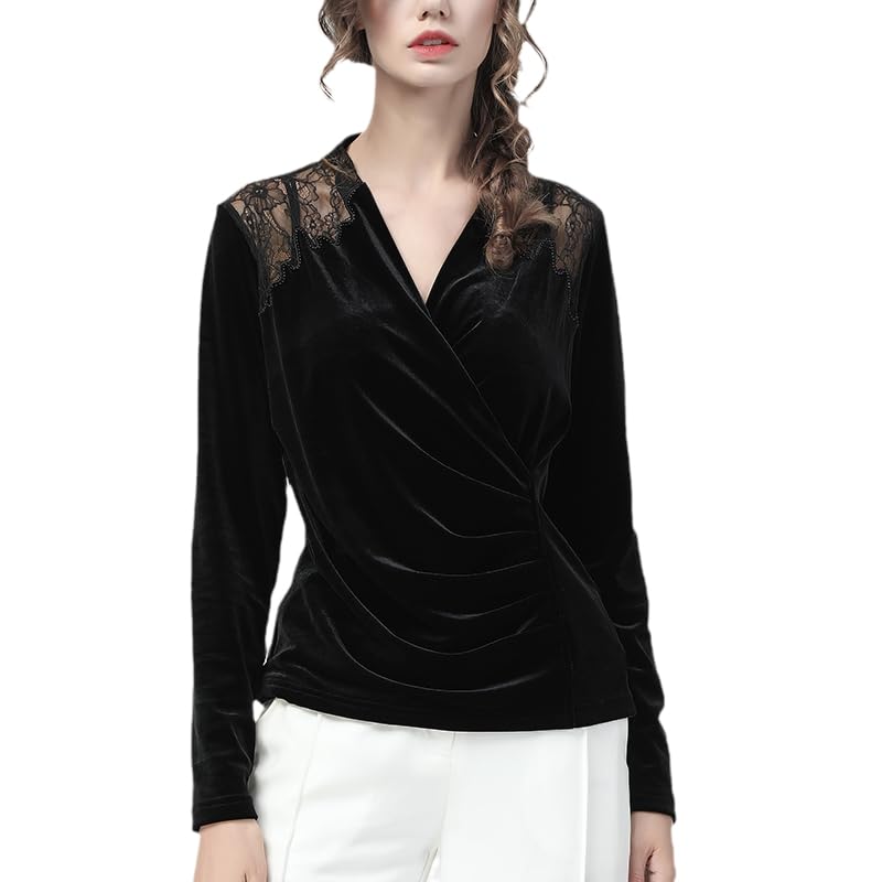 Blusa de Terciopelo Negro con Cuello en V de Estilo francés para Mujer, Camisetas con Parte Inferior Hueca de Encaje Bordado con Hombros Descubiertos (Negro XL)