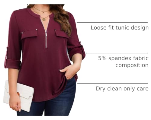 Image of Bulotus 3 /4 Length Sleeve Womens Striped Tops Zipper V Neck Collared Blouses Business Casual Tunics 2026 Spring Trendy