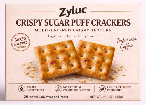 Zyluc Crispy Sugar Puff Crackers, Premium Sweet Baked Crackers with Caramelized Sugar Glaze, Individually Wrapped Snack Packs, 20 Packs (2 Crackers per Pack, 40 Crackers Total), Coffee & Tea Snack