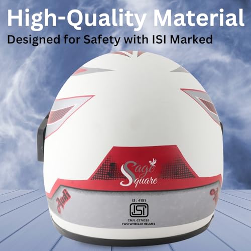 Image of Sage Square Audi Kimi Full Face Helmet | ISI Certified | Clear Visor | Comfort Inner Padding | Designed for Extra Comfort & Style (White Glossy-Red Decal)