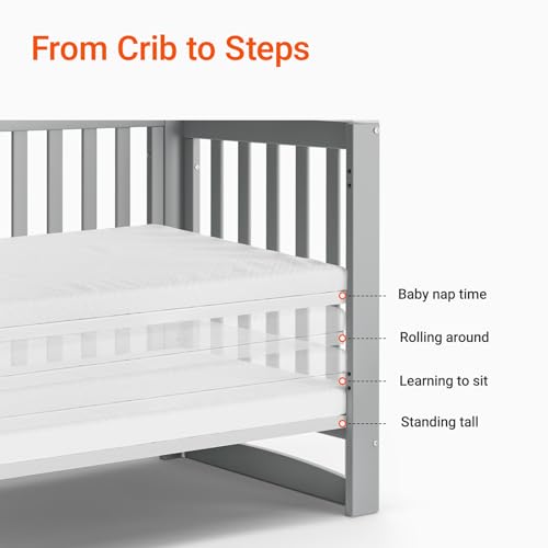 Image of MAMAZING EvoNest 11-in-1 Convertible Baby Crib with Wheels | Full Size Crib & Growing Bed, GREENGUARD Gold Certified, New Zealand Pine Wood, 4 Adjustable Heights, Rocking Mode, Grey