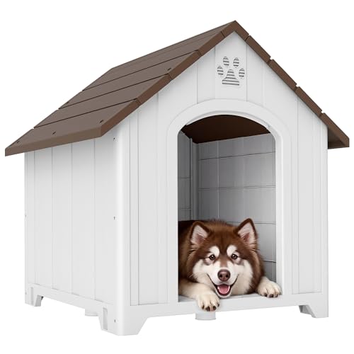 PawHut Caseta para Perros Exterior, Casa para Perros Extragrandes de Plástico Impermeable con 2 Ventanas, Base Elevada, Estacas, Fácil de Montar, 102x94x103 cm, Marrón Oscuro
