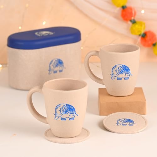Image of Eha Earth-Friendly Wedding Gifts for Couple | Gifts Made with Rice Husk Biocomposite | Elephant Printed Mug and Coasters Set of 2, Keychain, Loopac Box | 300 ml | Sand Castle