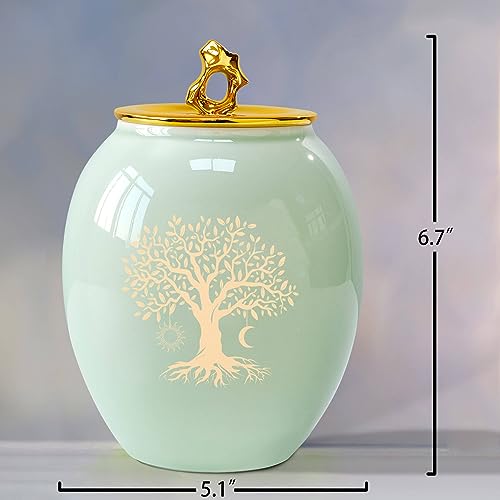 Image of Green Medium Cremation Urns for Human Ashes Adult Male or Female | 6.7Inch Tree of Life Medium Size Ceramic Urns for Ashes,Funeral Memorial Decorative Urns for Ashes