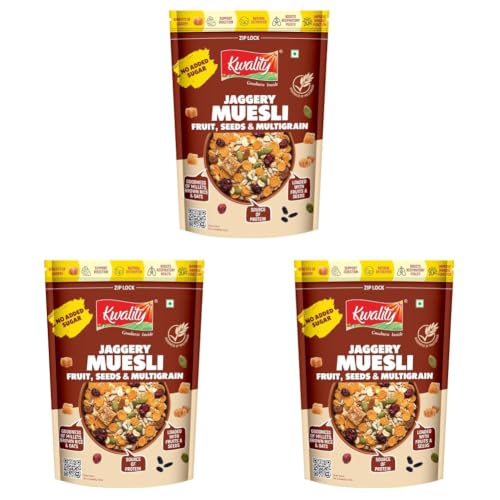 Image of Kwality Muesli Jaggery, Fruits, Seeds & Crunch 400g | Goodness Millets Brown Rice & Oats | 66% Multi Grain Mix Natural Sweetener | High-Fibre, Multigrain Breakfast Cereal with Crunch & Nutrition | Natural sweetner Jaggery