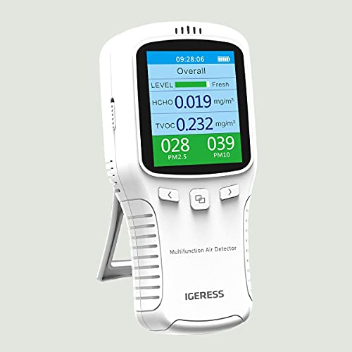 Air Quality Detector IGERESS Multifunctional Indoor Air Quality Meter Monitor with Colorful LCD Screen and Holder for Formaldehyde (HCHO) VOC PM2.5 PM10 Accuracy Tester (White)