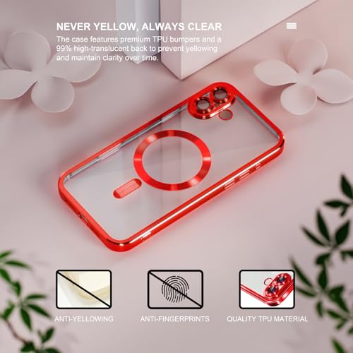 Image of Misea Magnetic for iPhone 16 Case Compatible with MagSafe Red | [Never Yellowing] [Military Drop Protection] Full Camera Lens Protector Plating Soft Clear Phone Case for Women, Red