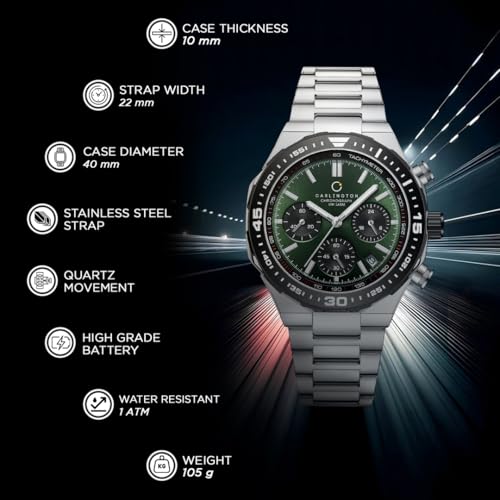 Carlington Nitro Chronograph Men’s Watch, Silver Silver Green - Image 8