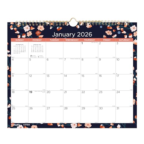 Blueline® 2026 Colorful Monthly Wall Calendar, 12 Months, January to December, Gold Twin-Wire Binding, 15 x 12, Twilight Floral (C171114-26)