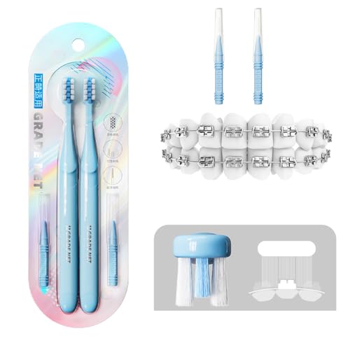 Vonmerie Zahnspangen Zahnbürste U-Form weiche PBT Borsten 4 Stück (2 Orthodontische Bürsten + 2 Zahnspitzenbürsten/Interdentalbürsten) für Zahnspange (Blau interdentale Bürsten)