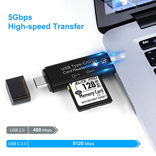 SD Card Reader, AIYEEN 5-in-1 Micro/USB C/USB 2.0 Portable Dual Slot OTG Adapter Memory SD Card Reader for TF SDXC Micro SD Micro SDHC Card Compatible with Laptop, Galaxy S21(Black) - Image 2