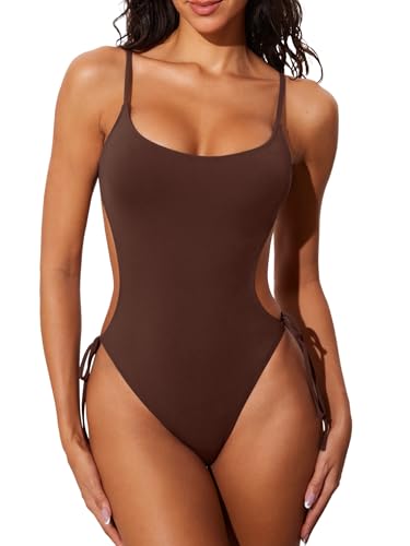 Image of DOBREVA Women's Strappy One Piece Swimsuit | Soft Stretch Fabric, Cutout Bathing Suit, Open Back, Scoop Neck, Adjustable Straps, Removable Pads, For beach, pool, vacation
