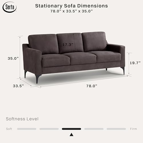 Image of Serta Triton 78 inch Sofa, Transitional Modern, Dreamcoil Comfort, Metal Legs, Vegan Suede, Charcoal