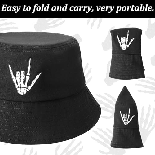 Image of 2 Pack Skull Bucket Hat for Men Women, Cotton Skeleton Hand Fisherman Hat, Foldable Black White Summer Travel Sun Hat