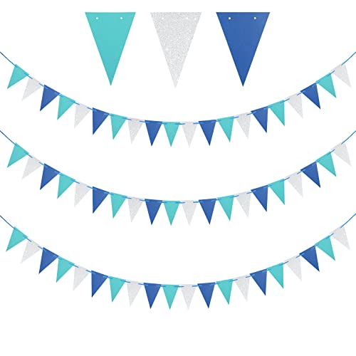 jijAcraft Guirlande Fanion en Papier Pailleté, 12 mètres Bannière avec 60 Drapeaux Triangulaires, pour Anniversaire, Mariage, Baby Shower (Bleu, Argent)