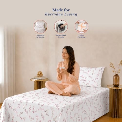 Image of Jaipur Weaves Bedsheet Single Size 100% Pure Cotton Bed Sheet with 1 Pillow Cover, 240 TC Premium Bedding Set, 60x90 inches, Super Soft Cozy (Tulips Pink, Single)