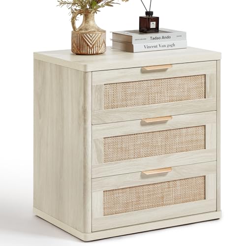 Image of LEYAOYAO Rattan Night Stand with Drawers, 23 inch Large 3 Drawer Boho Nightstand, Grey White Bedside Table Storage Cabinet, Bed Side End Tables Dresser for Bedroom, Living Room, Hallway, Closet