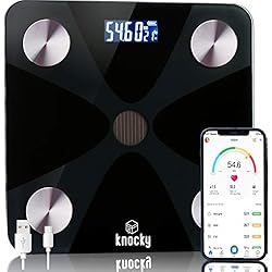 Bascula De Baño Precision KNOCKY Bascula de Baño Digital Inteligente Bluetooth, Sin Pilas, Carga USB, Luz Artificial y Solar - Medición Alta Precisión Peso Corporal - Proteina -Grasa Corporal, Masa Muscular, IMC