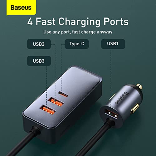Image of Baseus Share Together 120W Multi-Port Car Charger 3 USB + Type-C PPS Fast Charging Car Charger Quick Charge Power Delivery with Extension Cable with Clip-on for Backseat Passengers