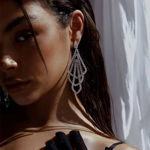 Silver Rhinestone Rectangle Dangle Earrings for Women Cubic Zirconia Crystal Dangle Earrings Long Chandelier Earrings Multi Layer Tassel Earrings Wedding Bridal Jewelry4