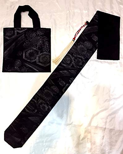 中国武術 刀袋 剣袋 シューズバッグ セット (ブラック) リメイク 着物帯 こだわり 手作り