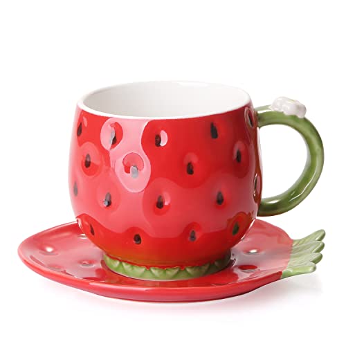 Noviko Small Ceramic Mug Strawberry Coffee Mug with Saucer - 9 Ounce(Red)