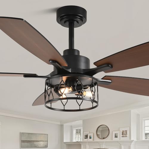 Image of 52 inch Farmhouse Ceiling Fan with Lights Remote Rustic Ceiling Fan | Caged Black Fandelier Industrial Chandelier Light for Bedroom Living Room, Reversible 6 Speeds, 3 E12 Bulbs (Not Included)