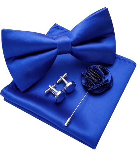 Image of Solid Color Bow Ties for Men Silk Pre-tied Tuxedo Bowtie Set 4PCS | Pre-tied in 3 seconds,adjustable 4PCS bow tie and pocket square cufflinks lapel pin set,wedding,formal,party,prom,graduation