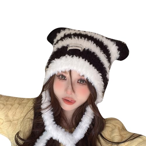 Women Plush Cat Ear Muff Hat for Skiing Hiking Size Lady Windproof with Braid Ear Flaps Black and White